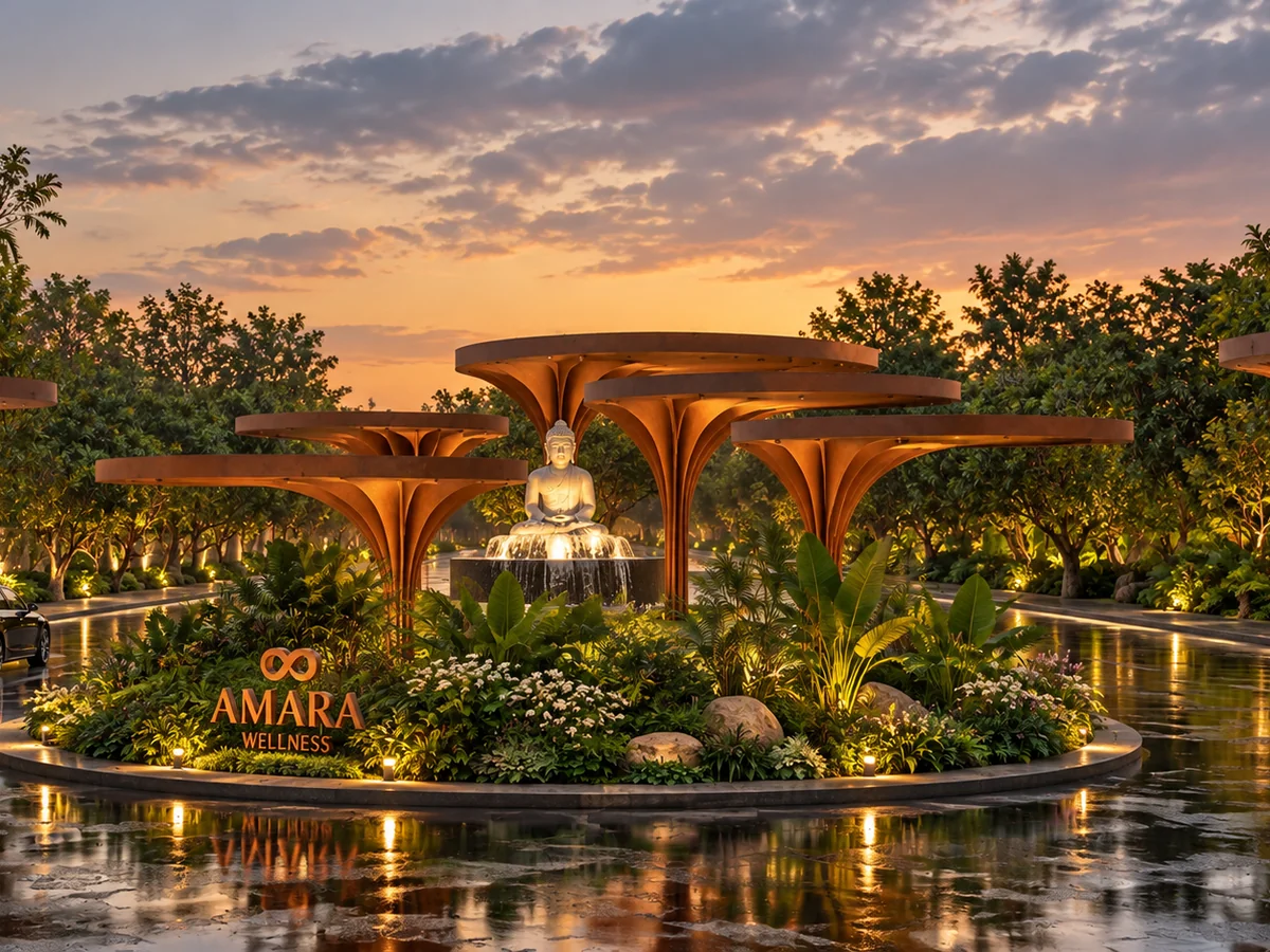 Amara — a landscaped arrival court with petal canopies and a water feature at dusk