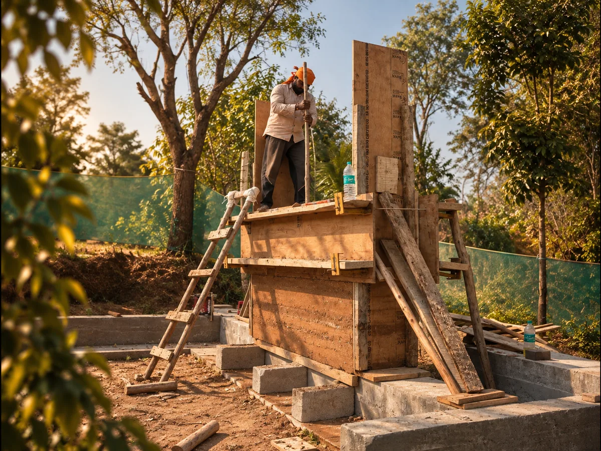 Dhaanvi — a craftsman compacting rammed earth inside timber formwork on site at Kanakapura