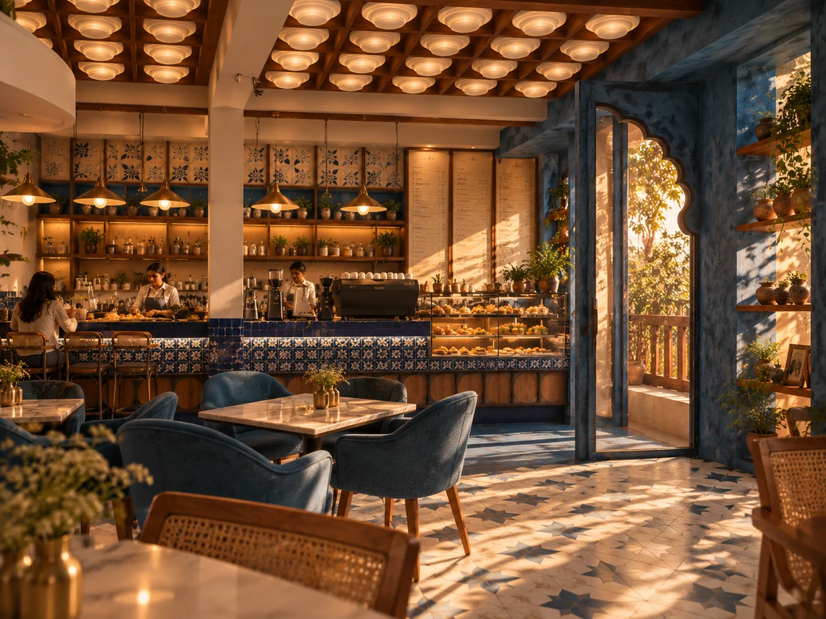 Mysore Milk Bar — a proposed caf&eacute; interior with patterned tile, cane seating and warm afternoon light