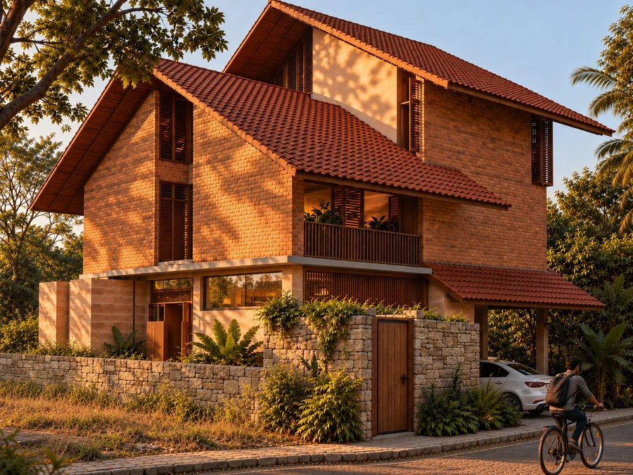 Nivedita & Kamalesh&rsquo;s Residence — a brick and stone house with terracotta tiled roofs, Devanahalli