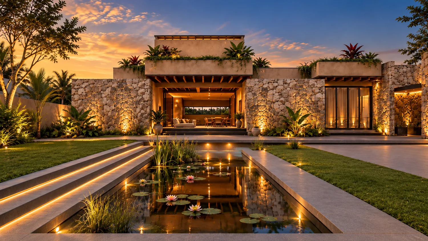 Ratnagiri Farmhouse — a single-storey house of rubble stone walls and planted roof terraces, lit at dusk above a lotus pond