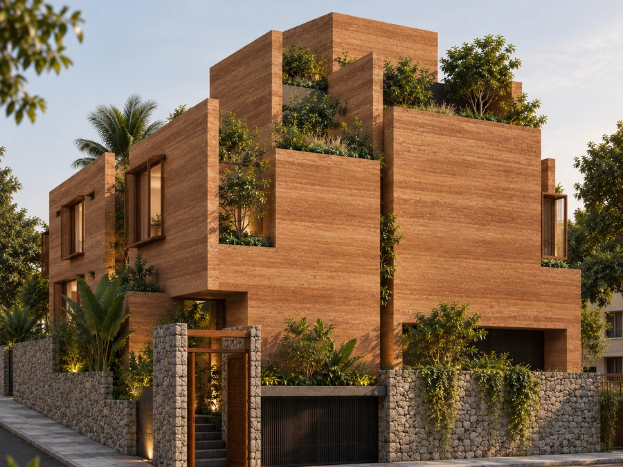 Sehgal&rsquo;s Residence — stepped rammed earth volumes with planted terraces above gabion walls, Devanahalli