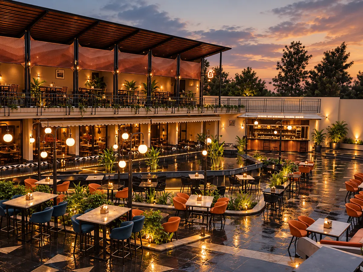 Wild Pour — an evening courtyard of terrace seating and globe lights beneath a shaded upper deck
